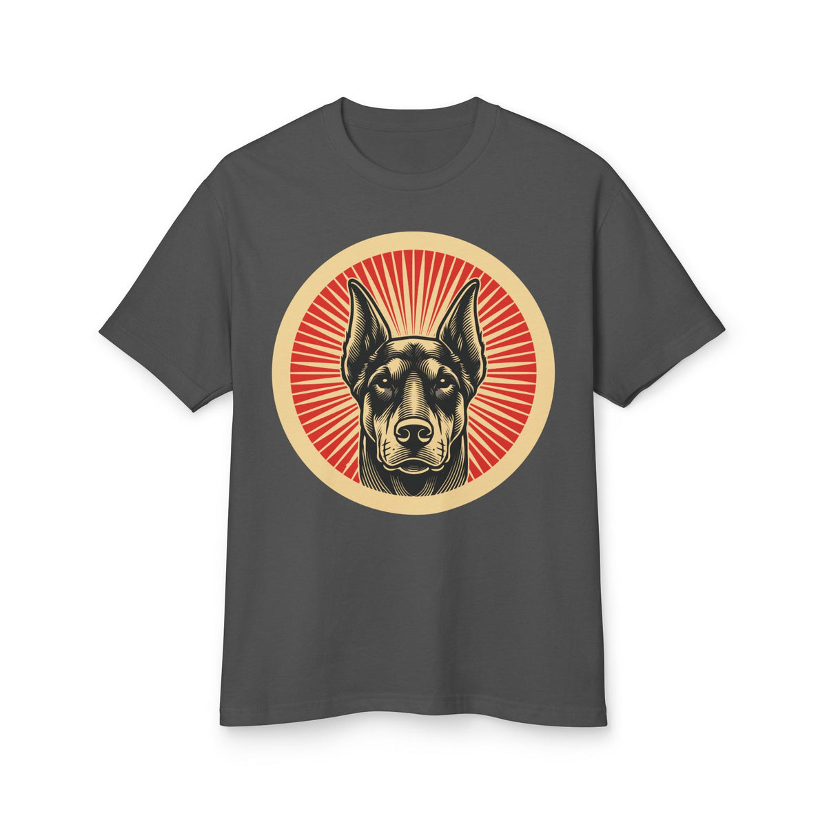 Doberman Pinscher badge art in a ring of red rays on a heavyweight tee