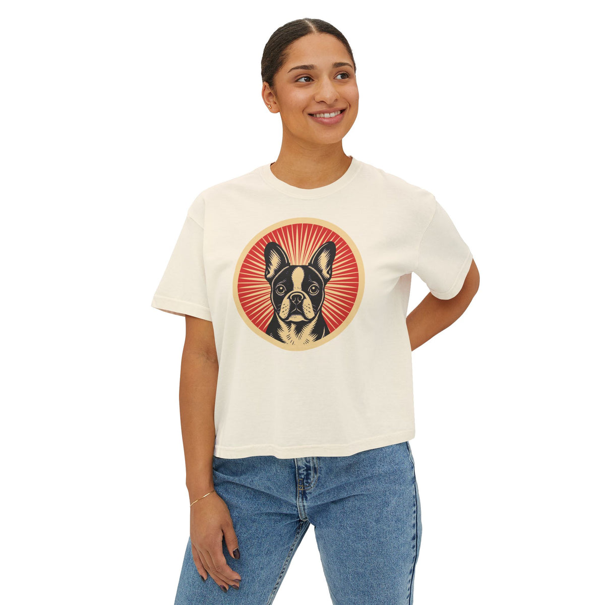 Frenchton badge art in a ring of red rays on a boxy tee