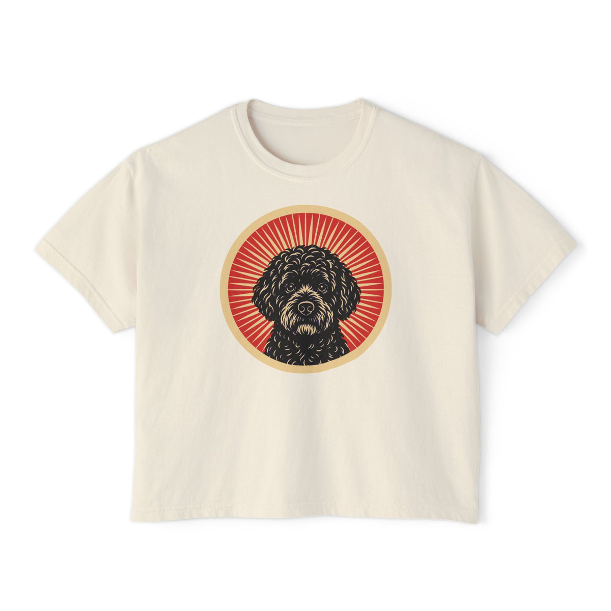 Portuguese Water Dog badge art in a ring of red rays on a boxy tee