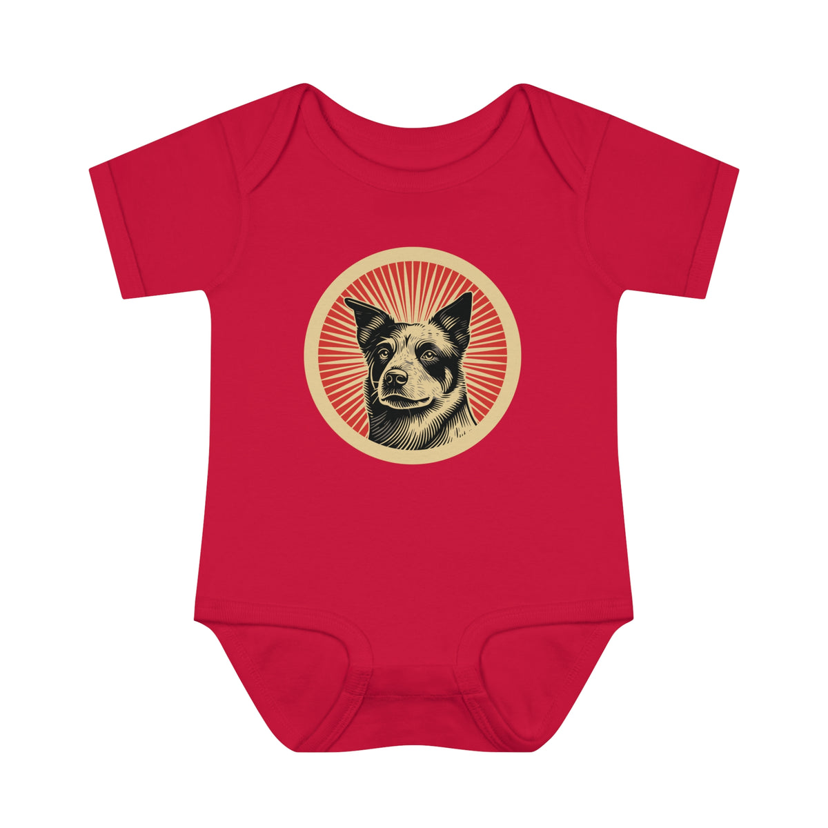 Australian Cattle Dog badge art in a ring of red rays on a baby bodysuit