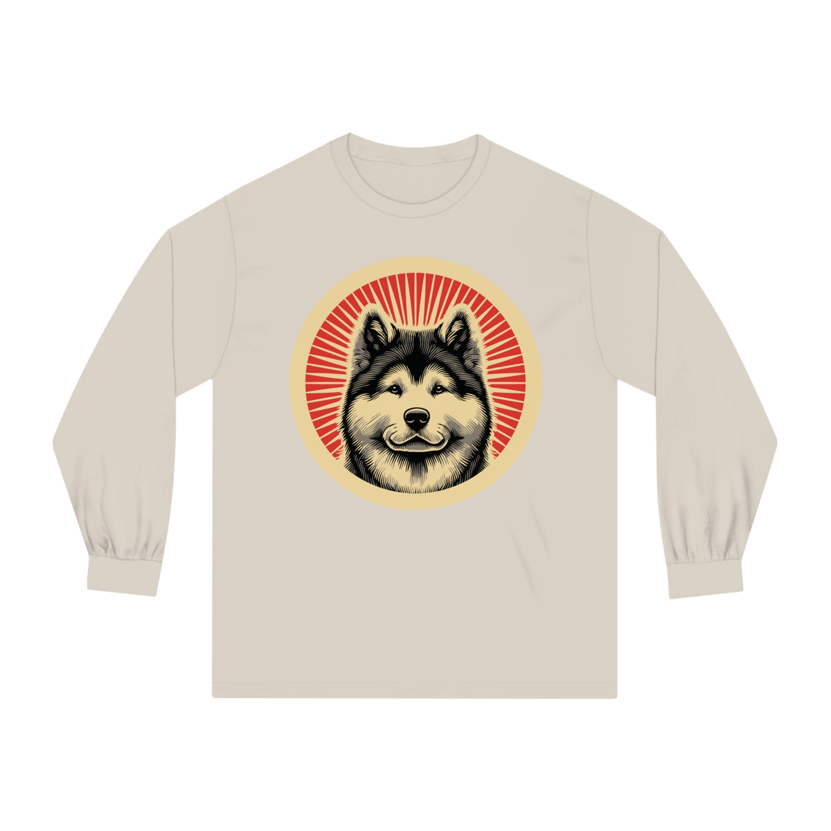 Akita badge art in a ring of red rays on a long-sleeve tee