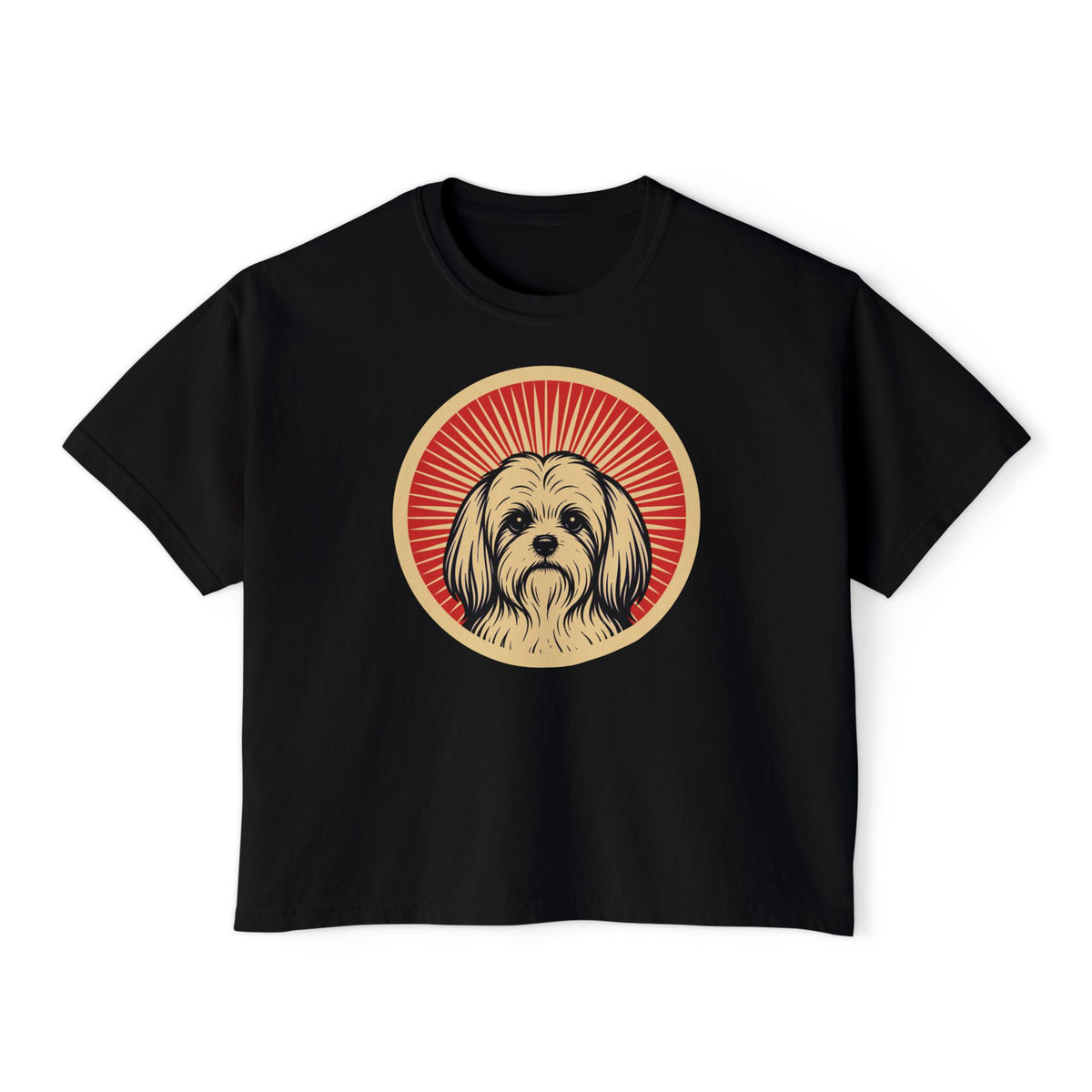 Maltese badge art in a ring of red rays on a boxy tee