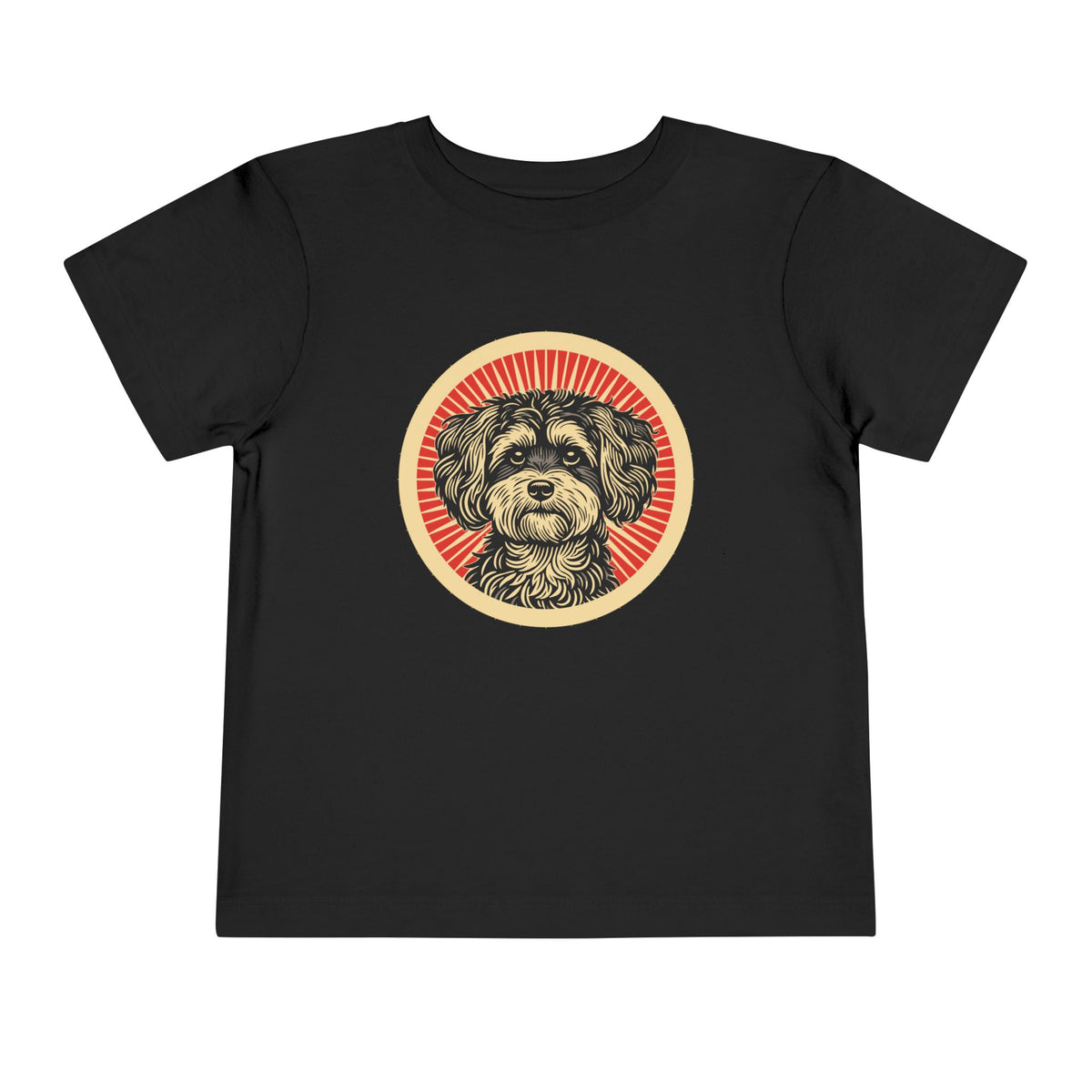 Maltipoo badge art in a ring of red rays on a toddler tee