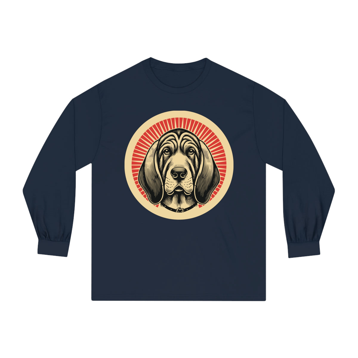 Bloodhound badge art in a ring of red rays on a long-sleeve tee