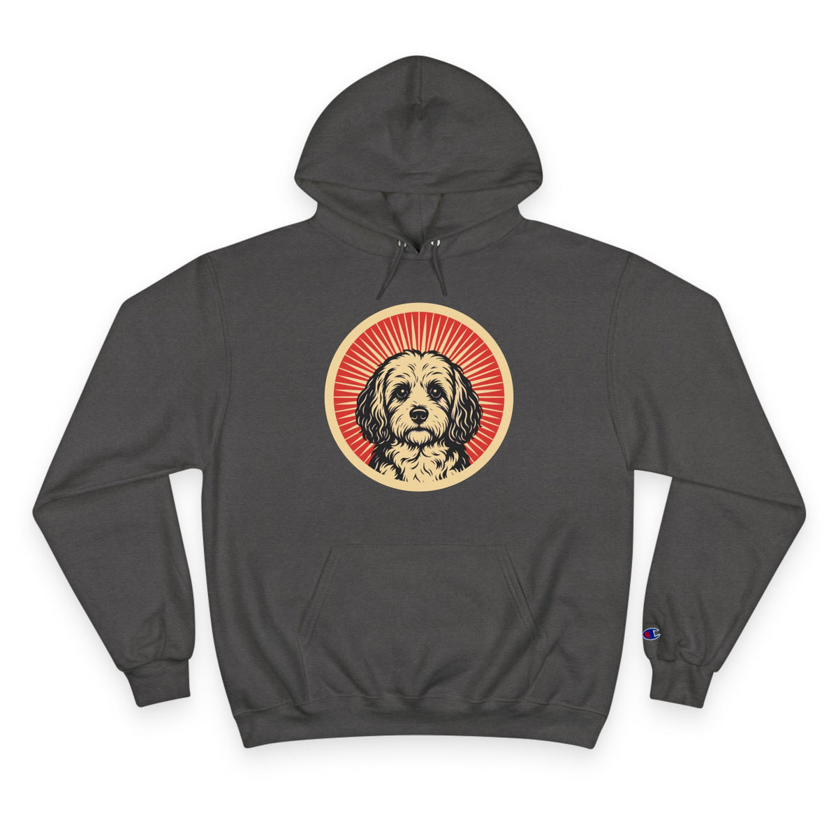 Cavachon badge art in a ring of red rays on a champion hoodie