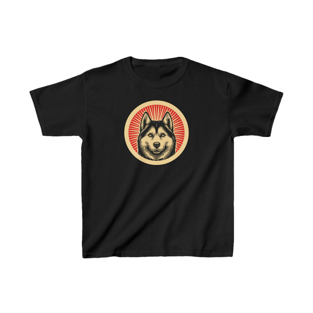 Siberian Husky badge art in a ring of red rays on a kids' tee
