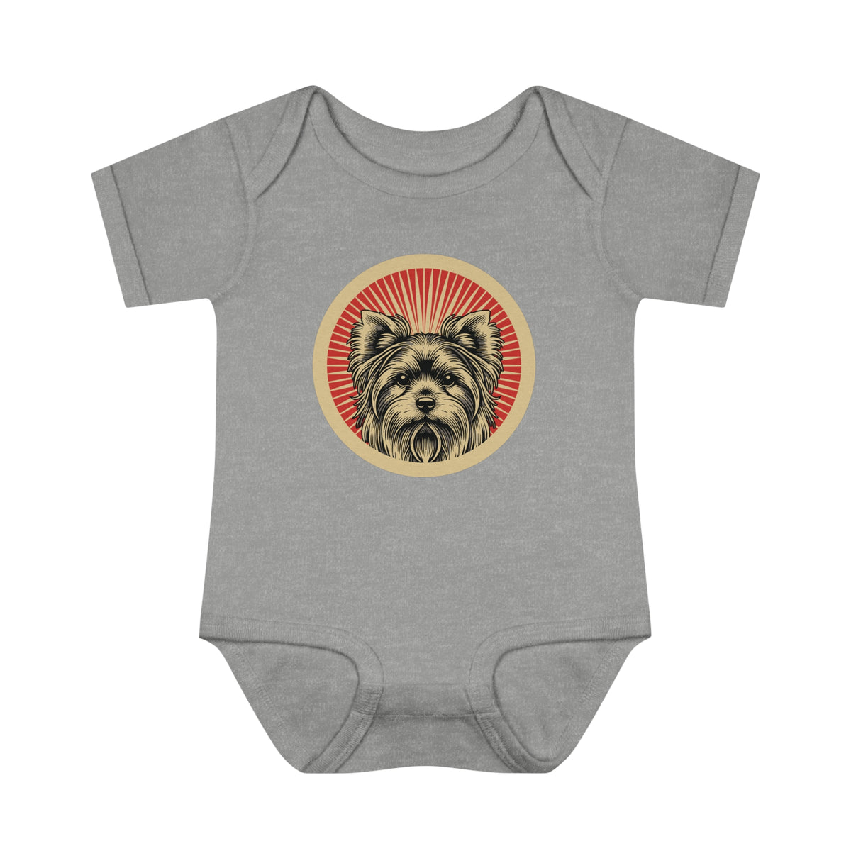 Yorkshire Terrier badge art in a ring of red rays on a baby bodysuit