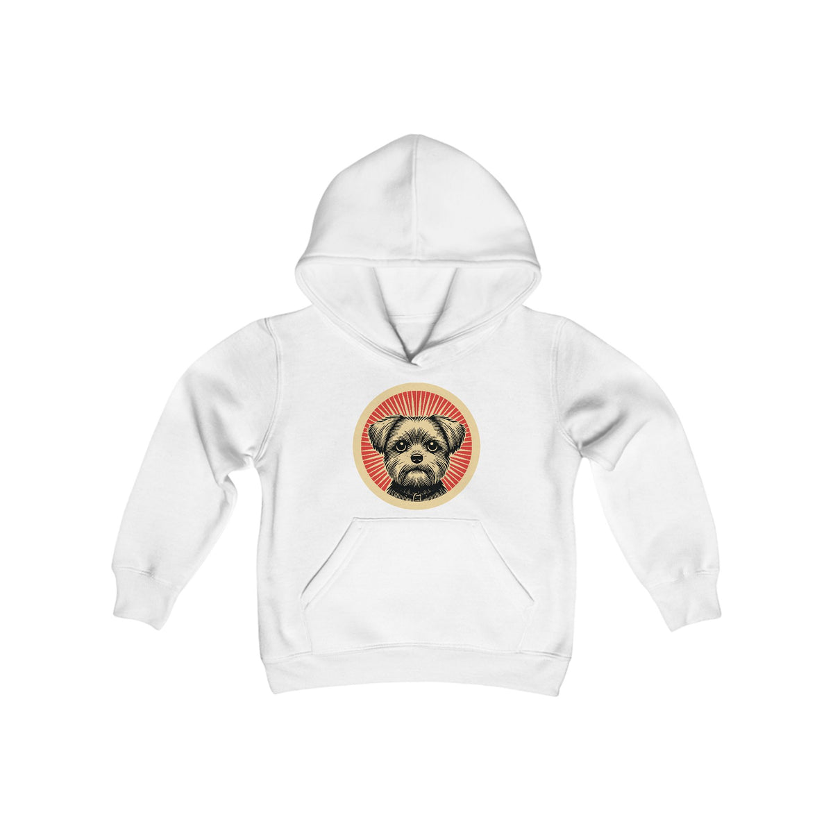Shorkie badge art in a ring of red rays on a kids' hoodie
