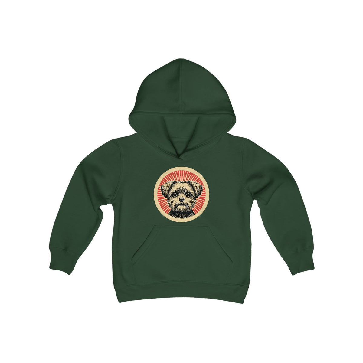 Shorkie badge art in a ring of red rays on a kids' hoodie