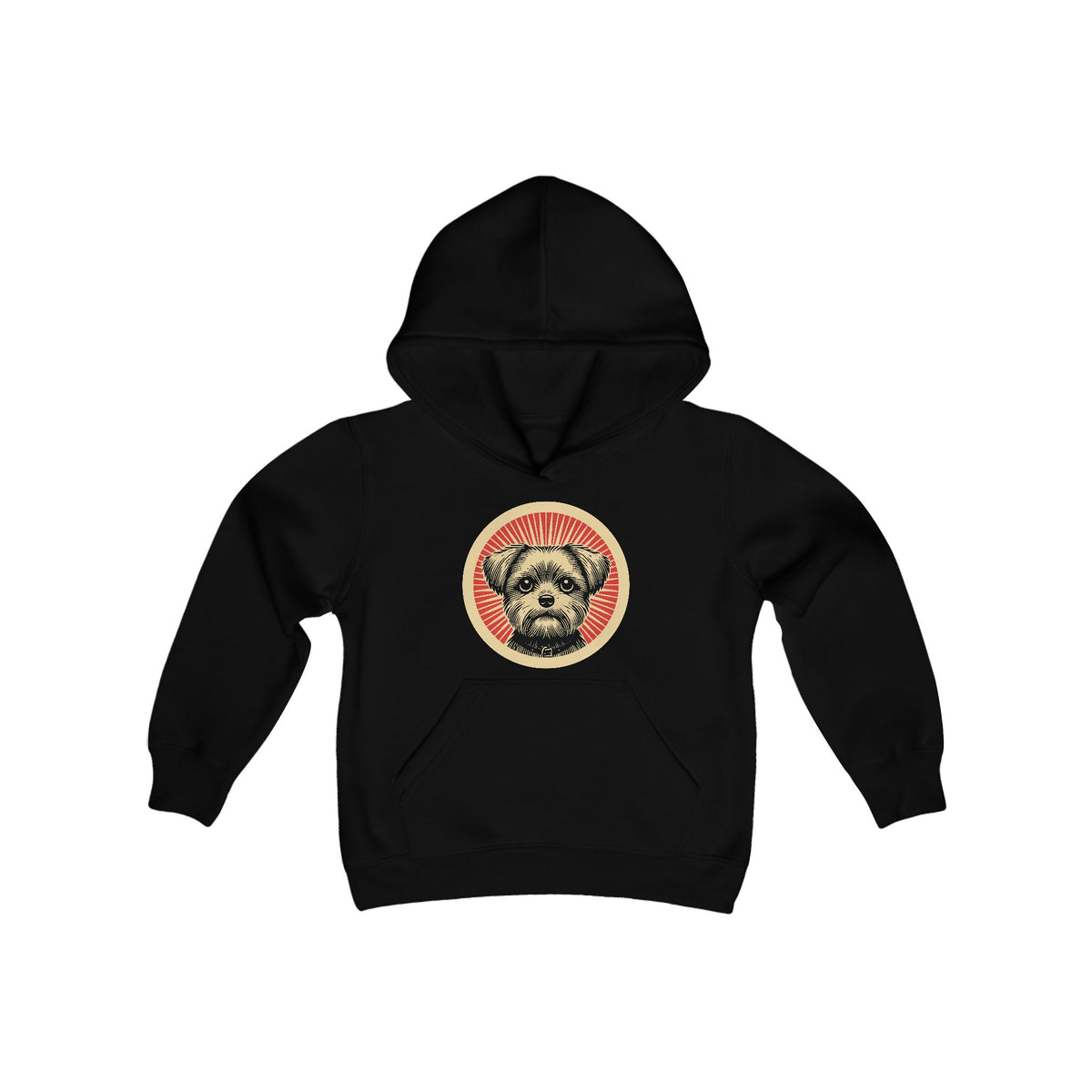 Shorkie badge art in a ring of red rays on a kids' hoodie