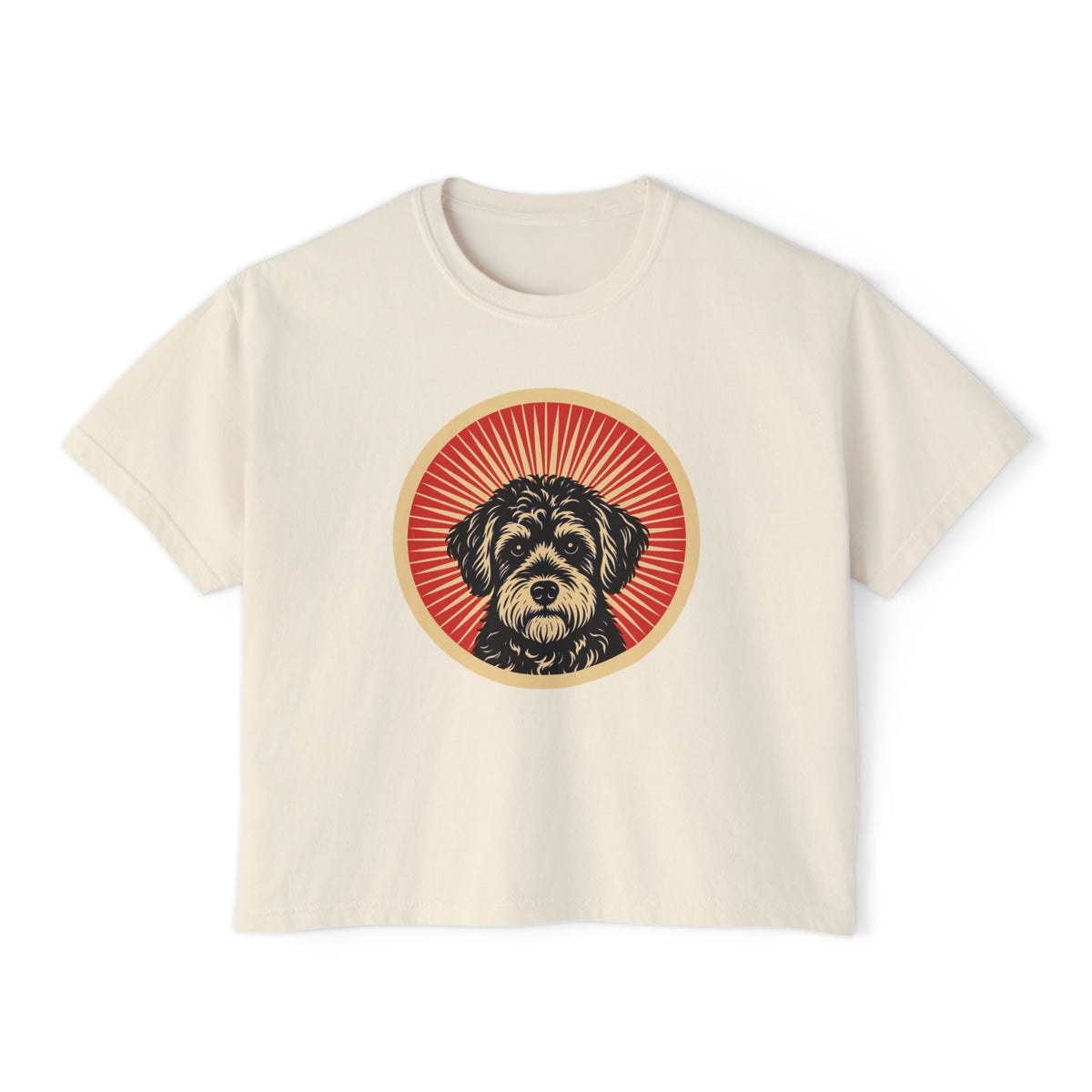 Schnoodle badge art in a ring of red rays on a boxy tee