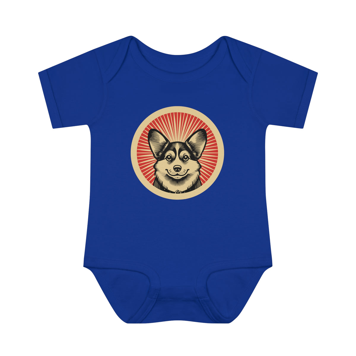 Pembroke Welsh Corgi badge art in a ring of red rays on a baby bodysuit