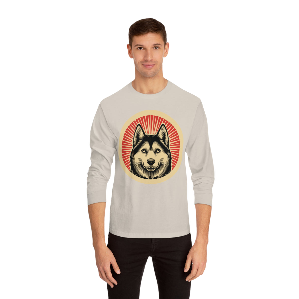 Siberian Husky badge art in a ring of red rays on a long-sleeve tee