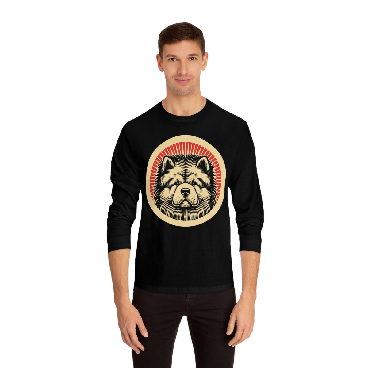 Chow Chow badge art in a ring of red rays on a long-sleeve tee
