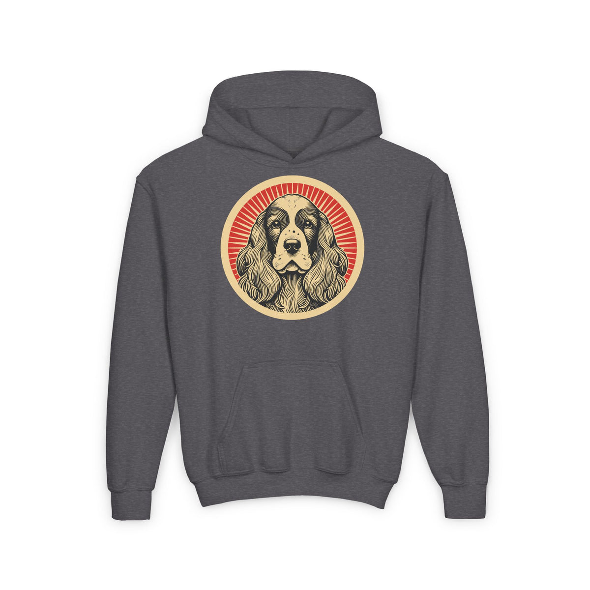 English Cocker Spaniel badge art in a ring of red rays on a kids' hoodie