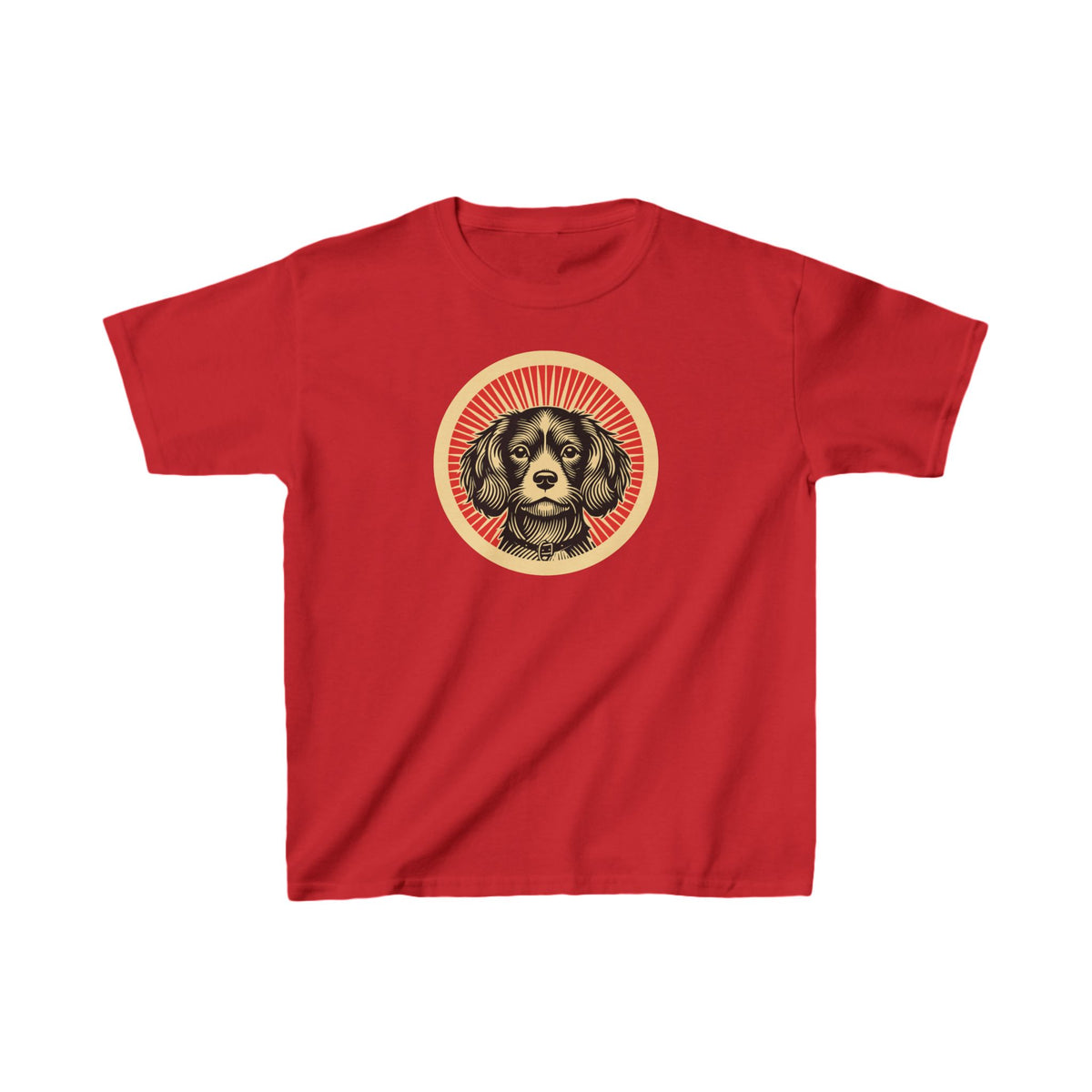 Cavachon badge art in a ring of red rays on a kids' tee