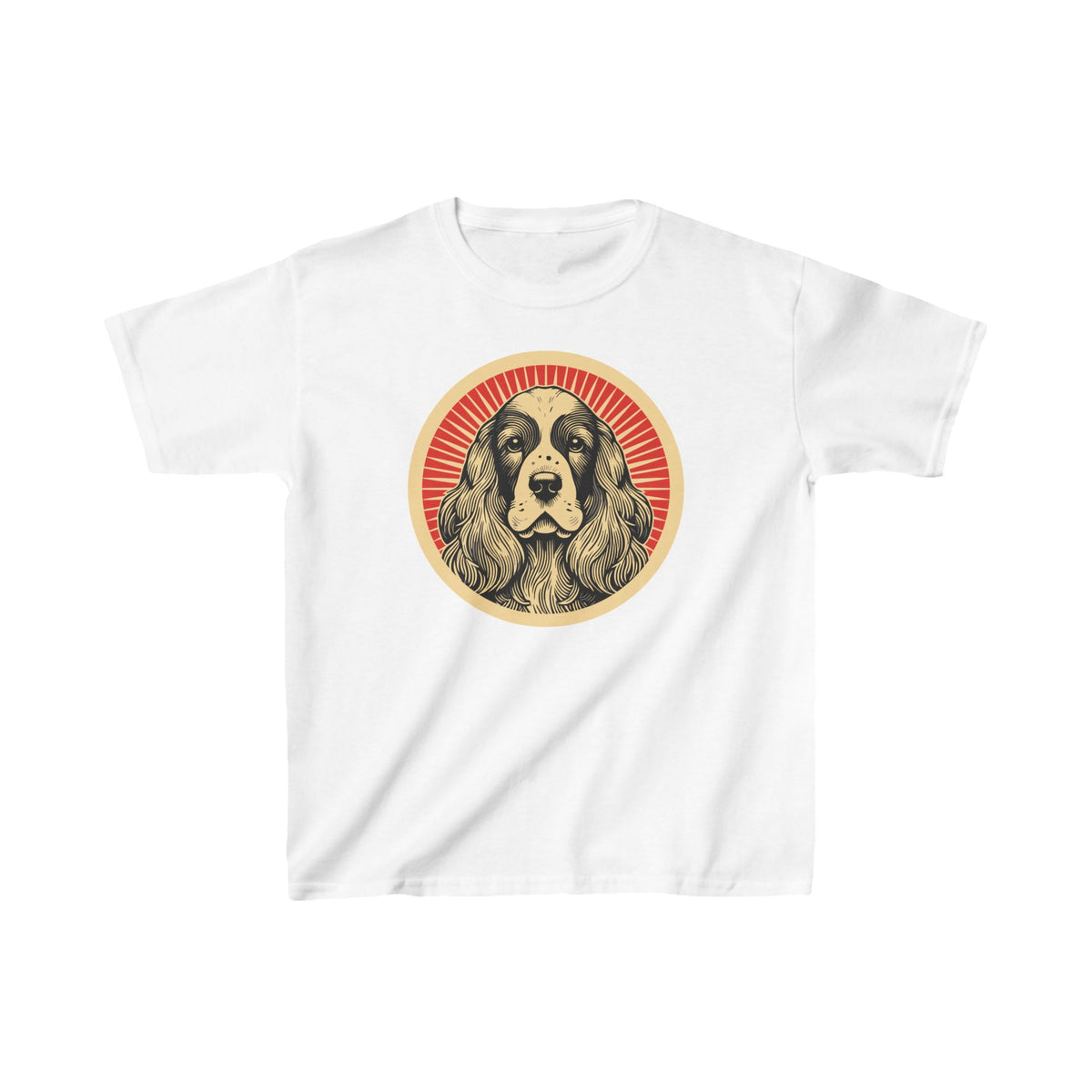 English Cocker Spaniel badge art in a ring of red rays on a kids' tee