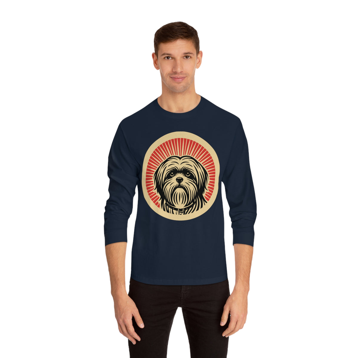 Lhasa Apso badge art in a ring of red rays on a long-sleeve tee