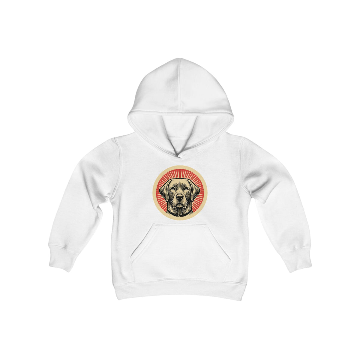 Labrador Retriever badge art in a ring of red rays on a kids' hoodie