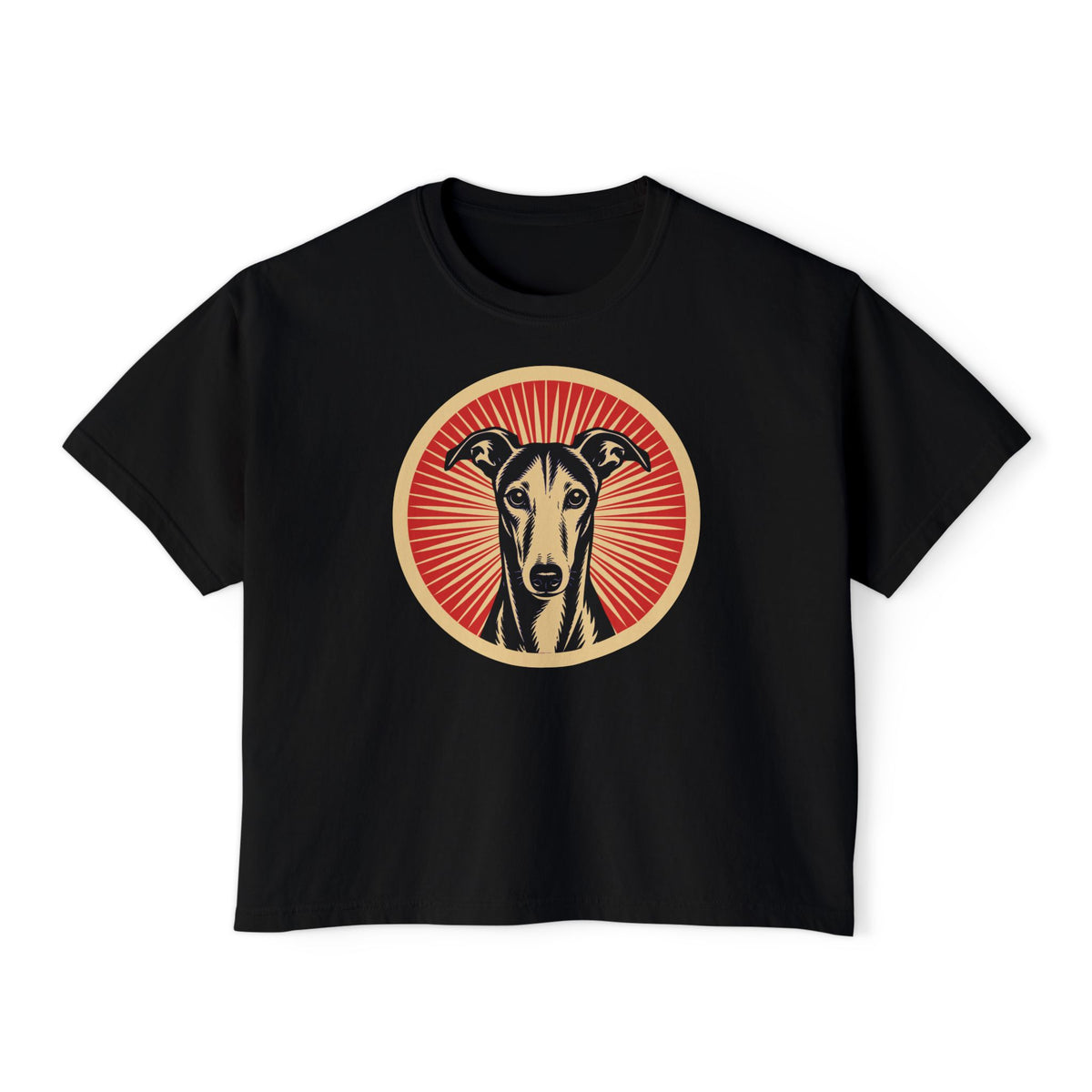 Greyhound badge art in a ring of red rays on a boxy tee