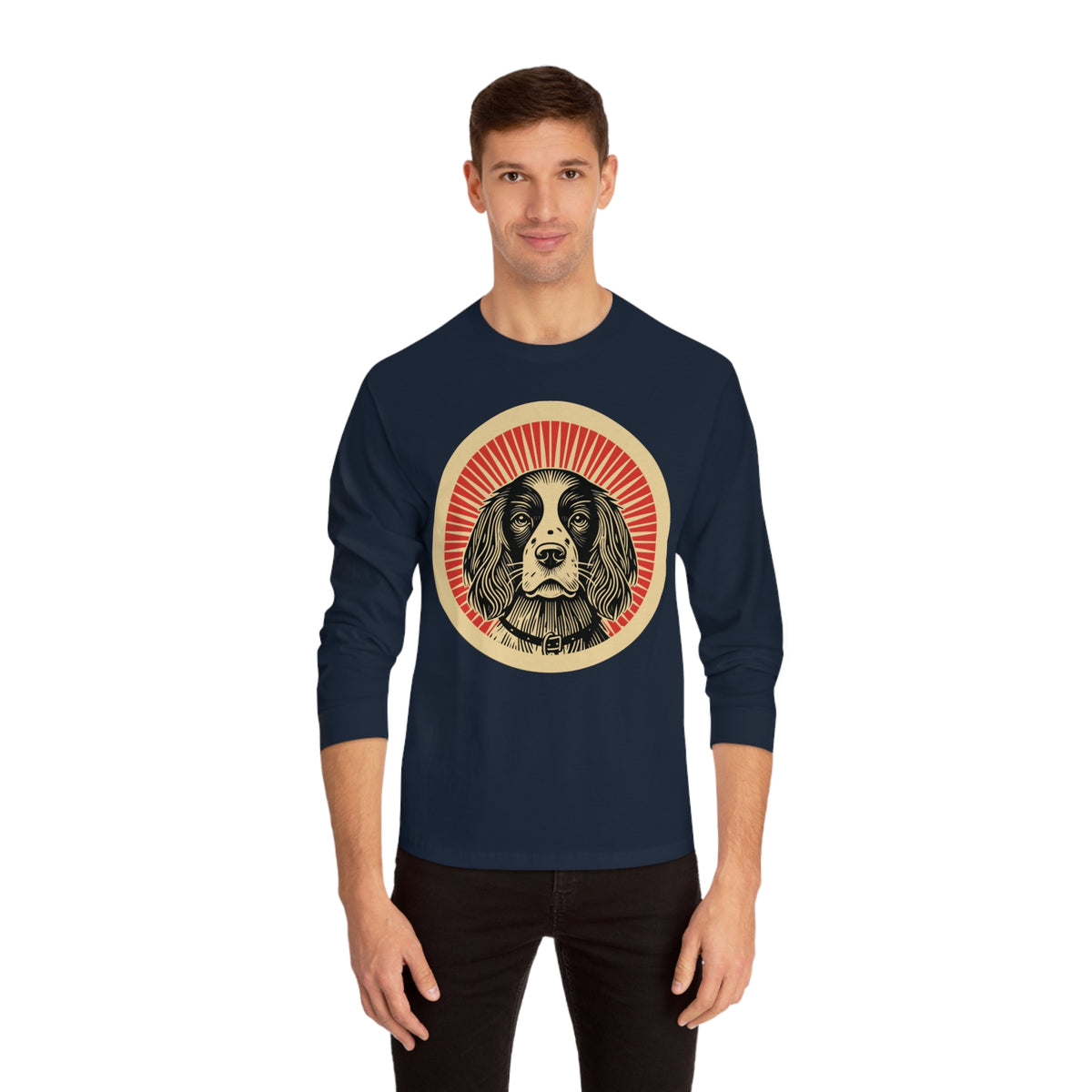 English Springer Spaniel badge art in a ring of red rays on a long-sleeve tee