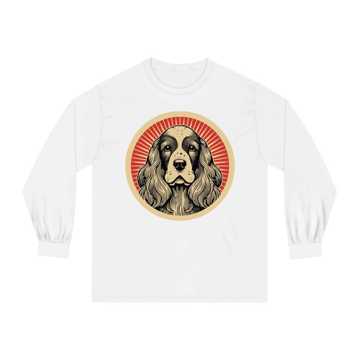 English Cocker Spaniel badge art in a ring of red rays on a long-sleeve tee