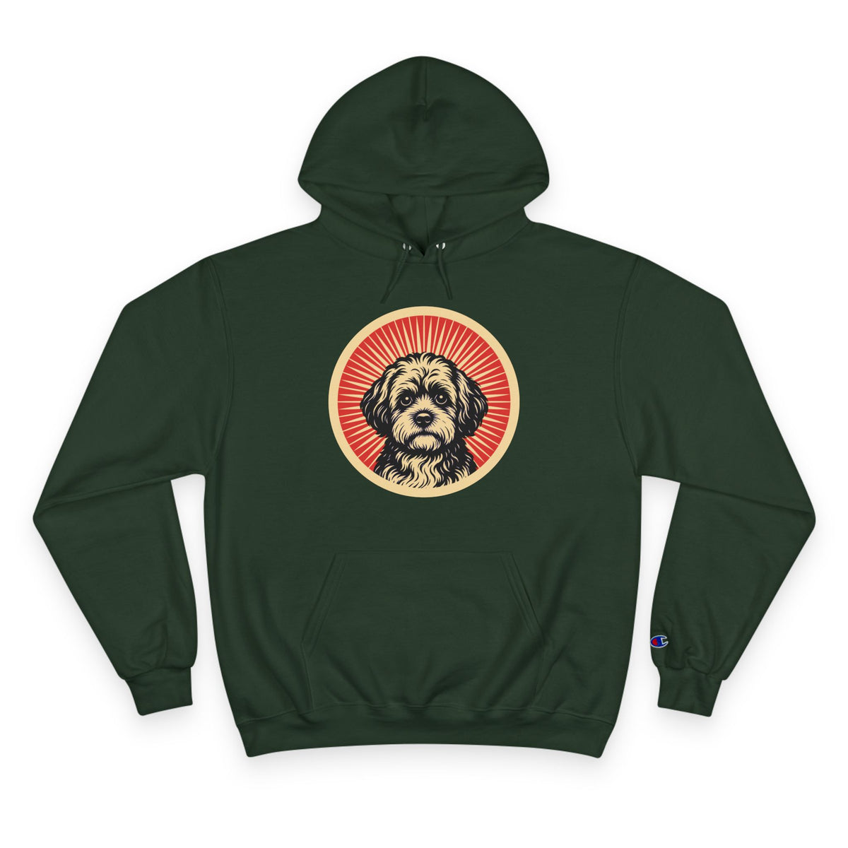 Shihpoo badge art in a ring of red rays on a champion hoodie
