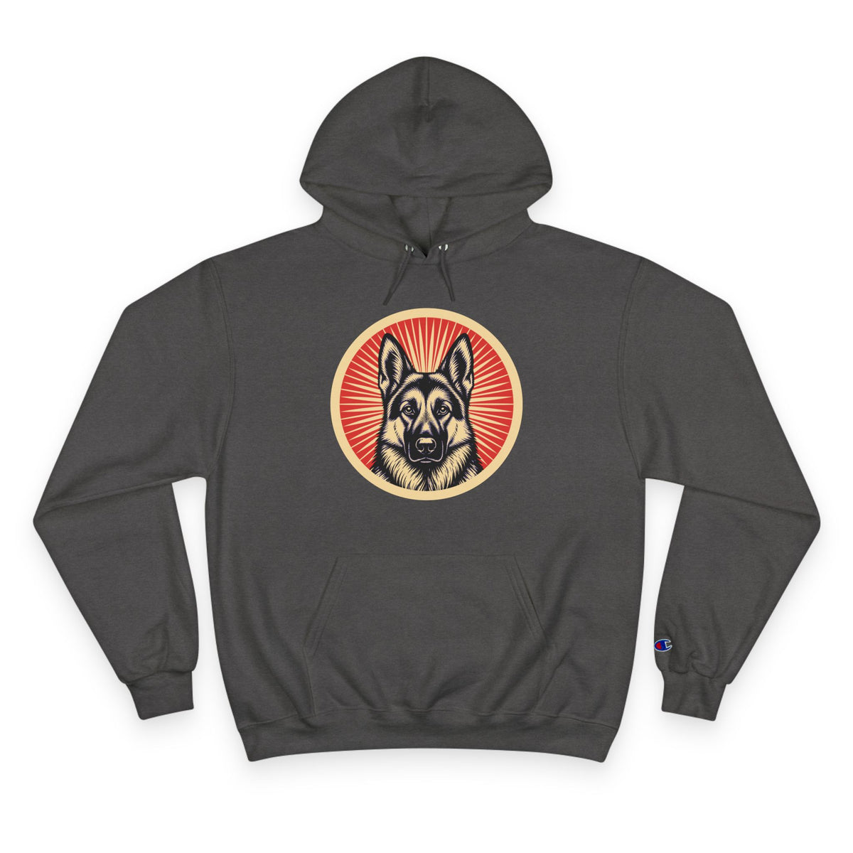 German Shepherd badge art in a ring of red rays on a champion hoodie