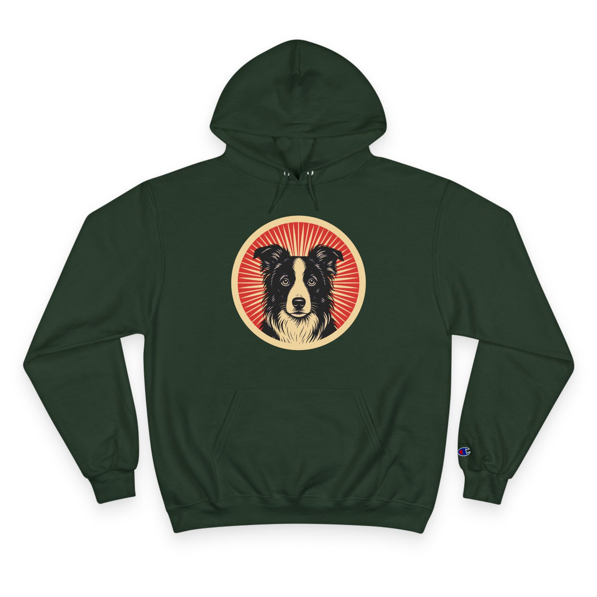 Border Collie badge art in a ring of red rays on a champion hoodie