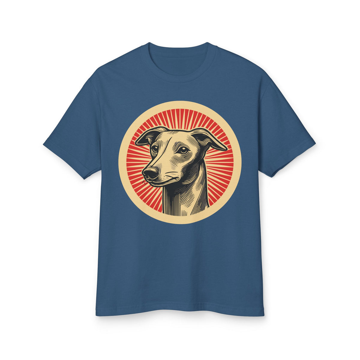 Italian Greyhound badge art in a ring of red rays on a heavyweight tee