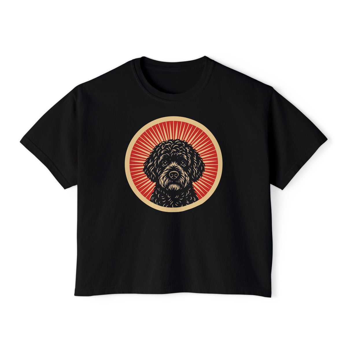 Portuguese Water Dog badge art in a ring of red rays on a boxy tee