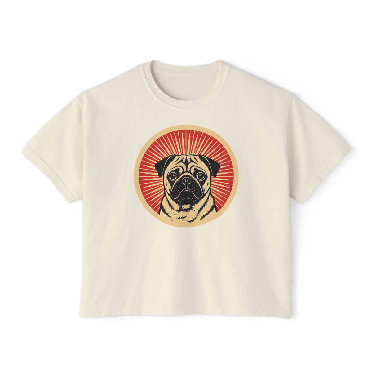 Pug badge art in a ring of red rays on a boxy tee