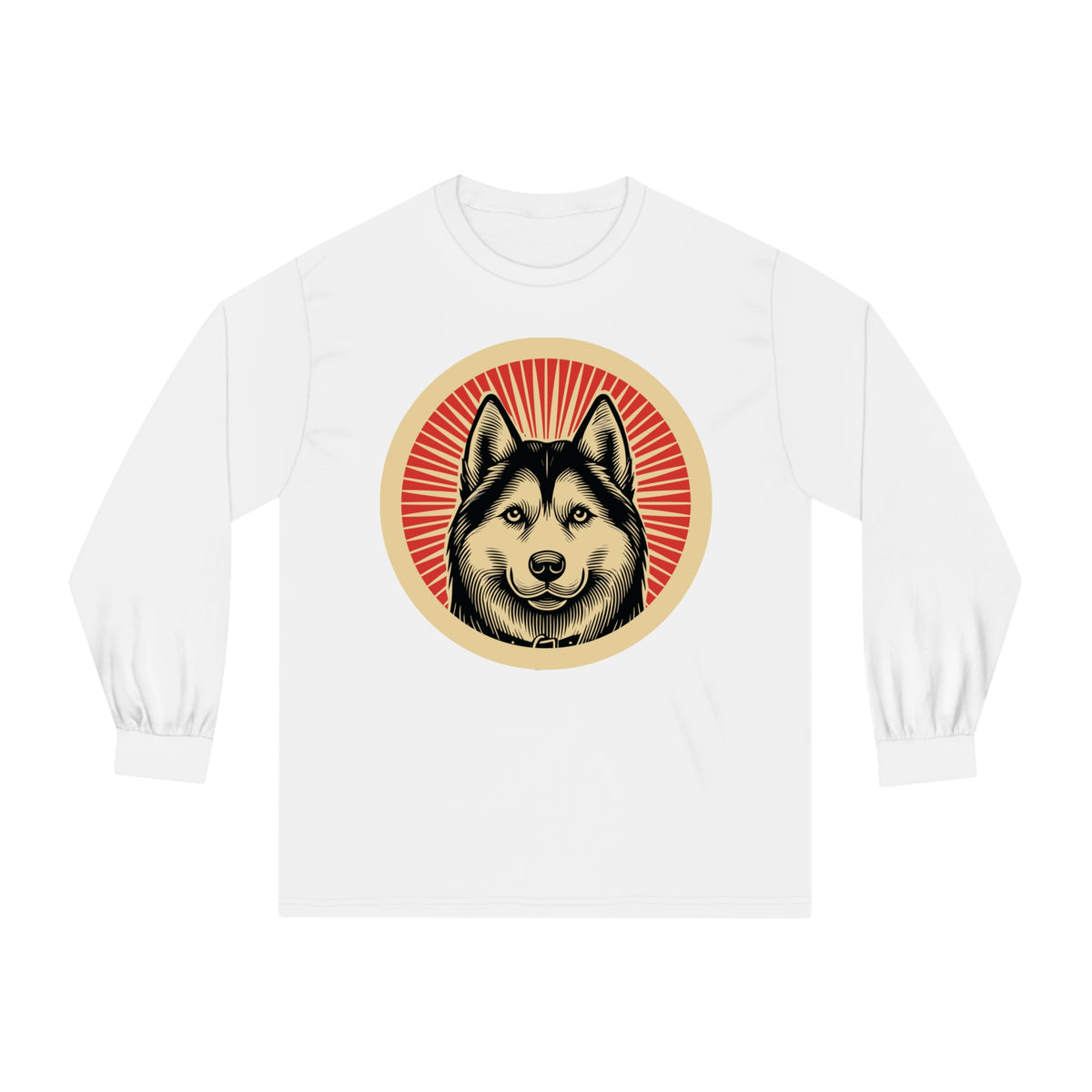 Siberian Husky badge art in a ring of red rays on a long-sleeve tee