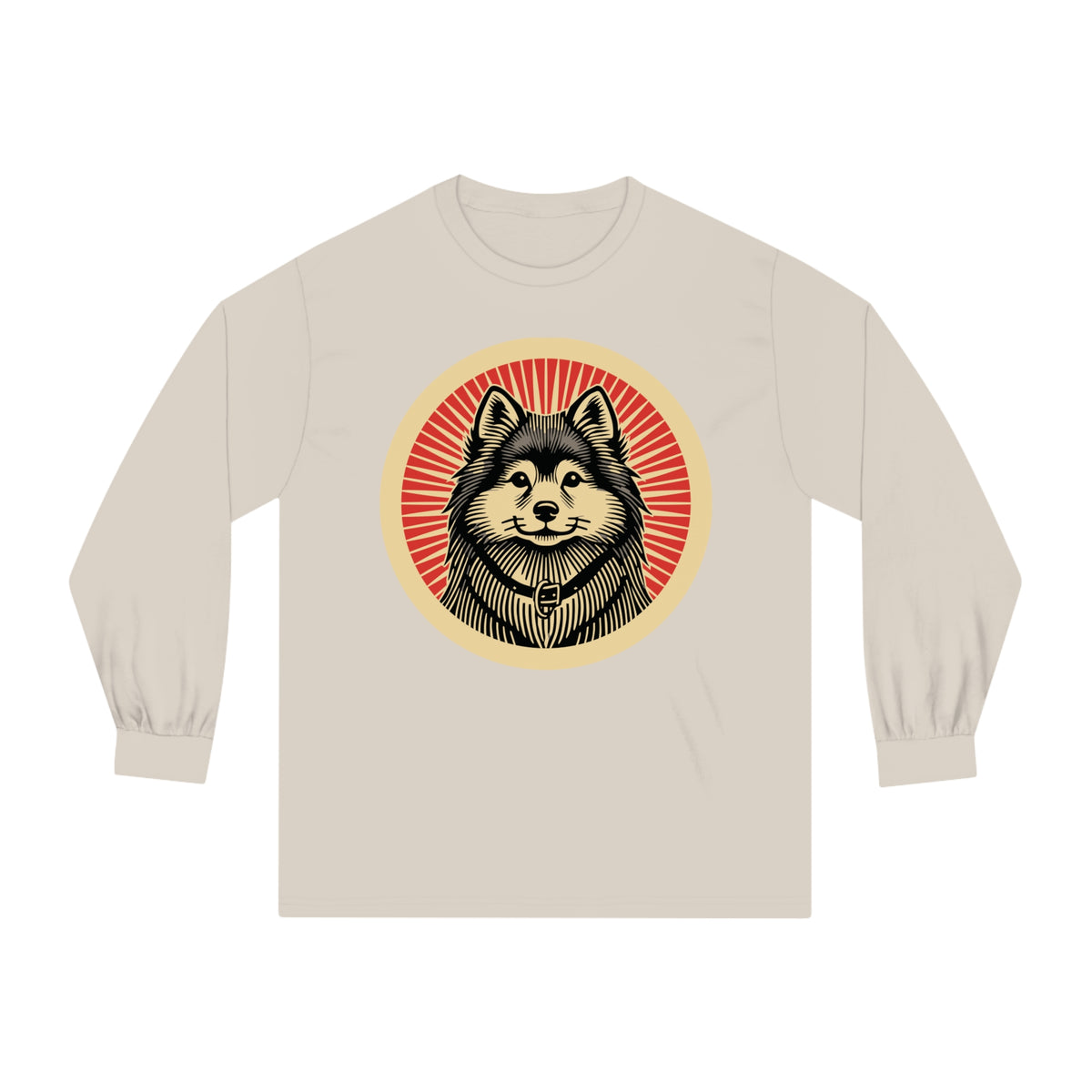 Finnish Spitz badge art in a ring of red rays on a long-sleeve tee
