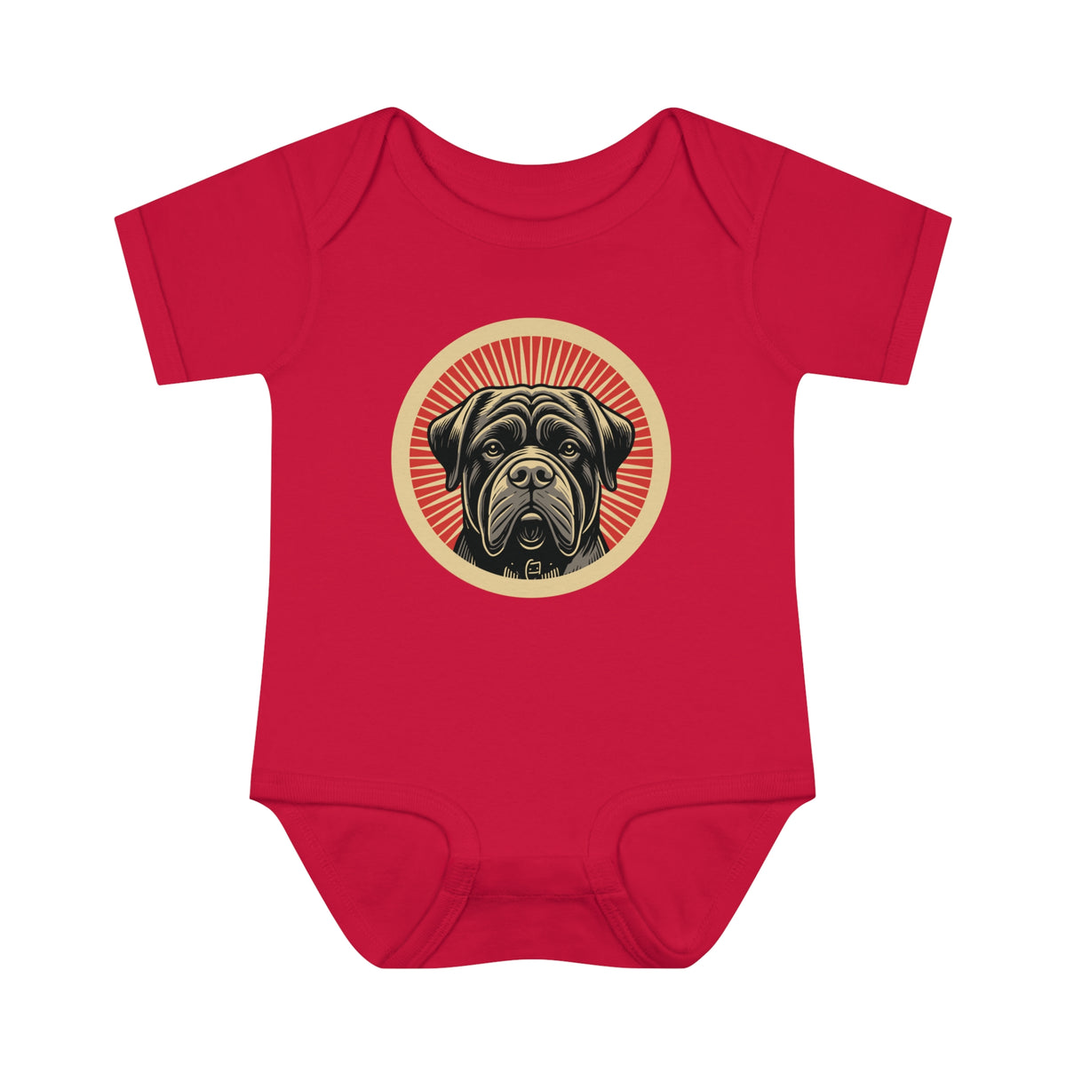 Bullmastiff badge art in a ring of red rays on a baby bodysuit