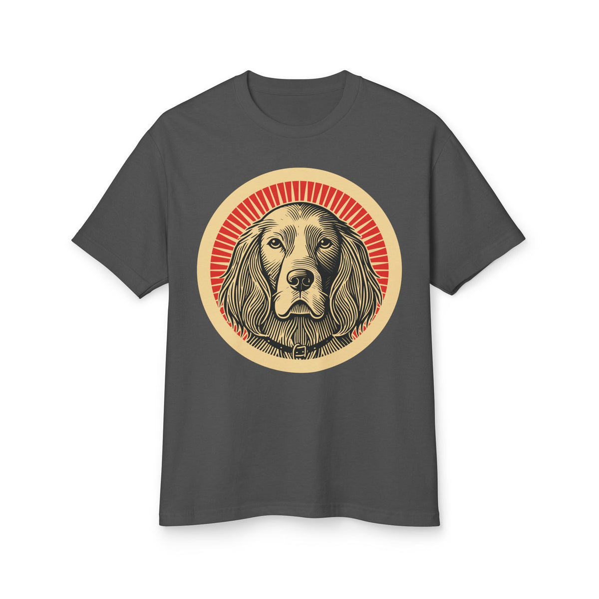 English Setter badge art in a ring of red rays on a heavyweight tee