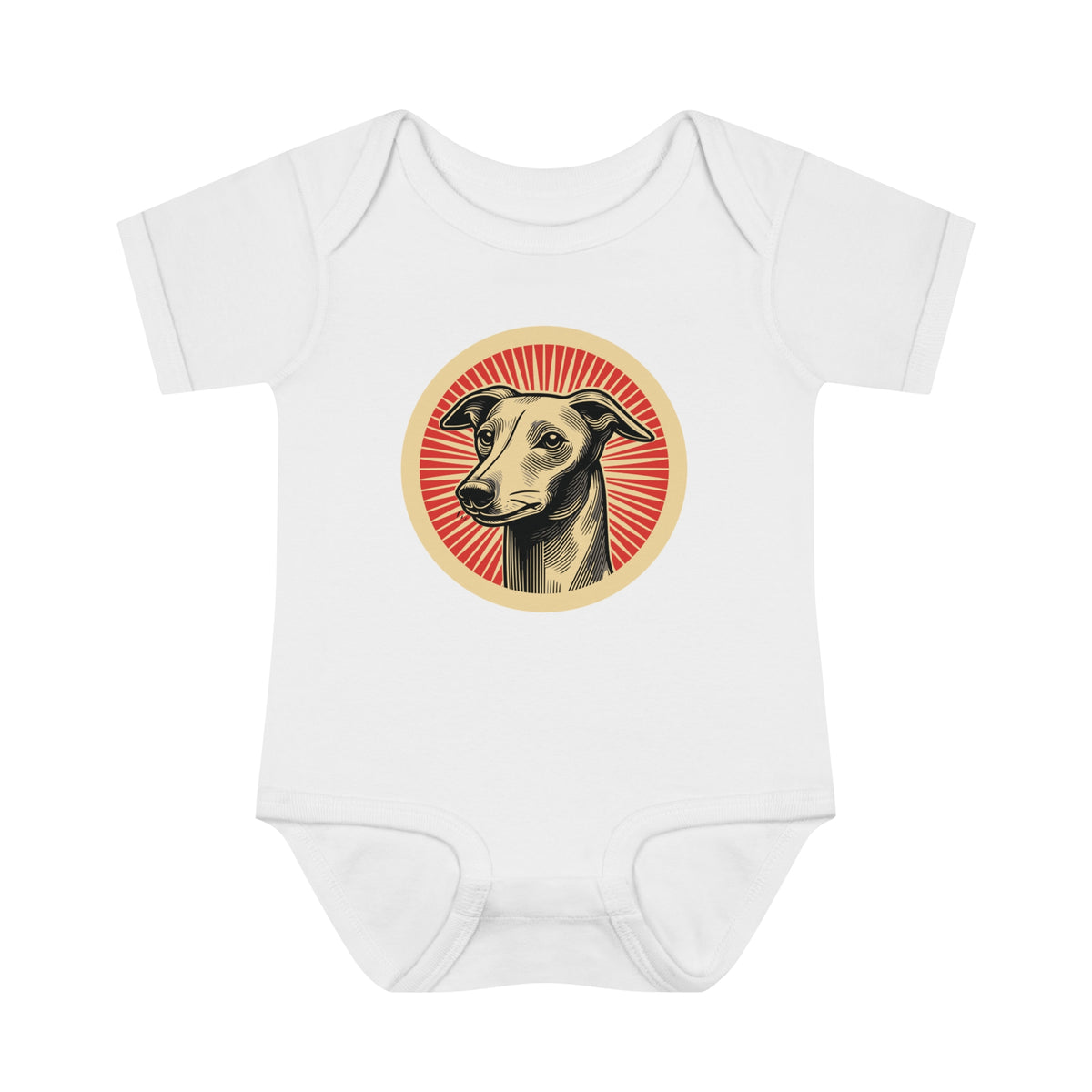 Italian Greyhound badge art in a ring of red rays on a baby bodysuit
