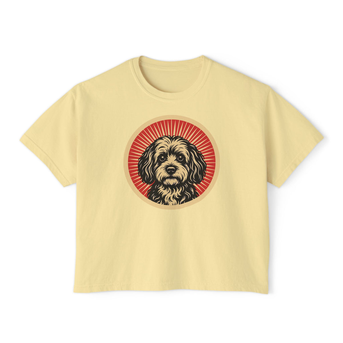 Havapoo badge art in a ring of red rays on a boxy tee