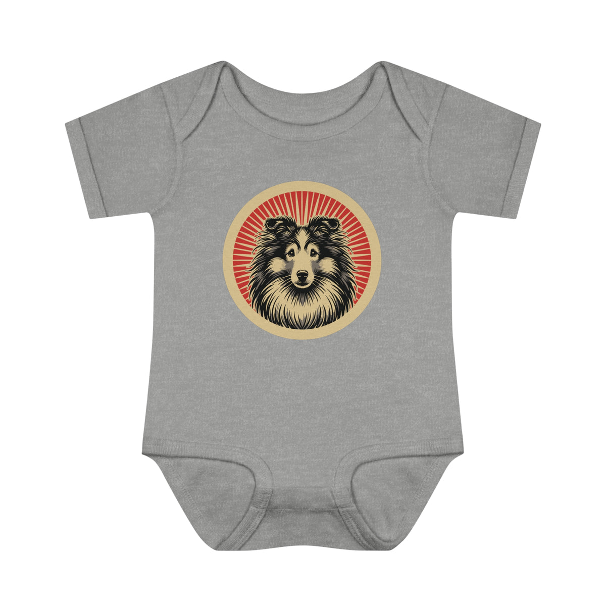 Shetland Sheepdog badge art in a ring of red rays on a baby bodysuit