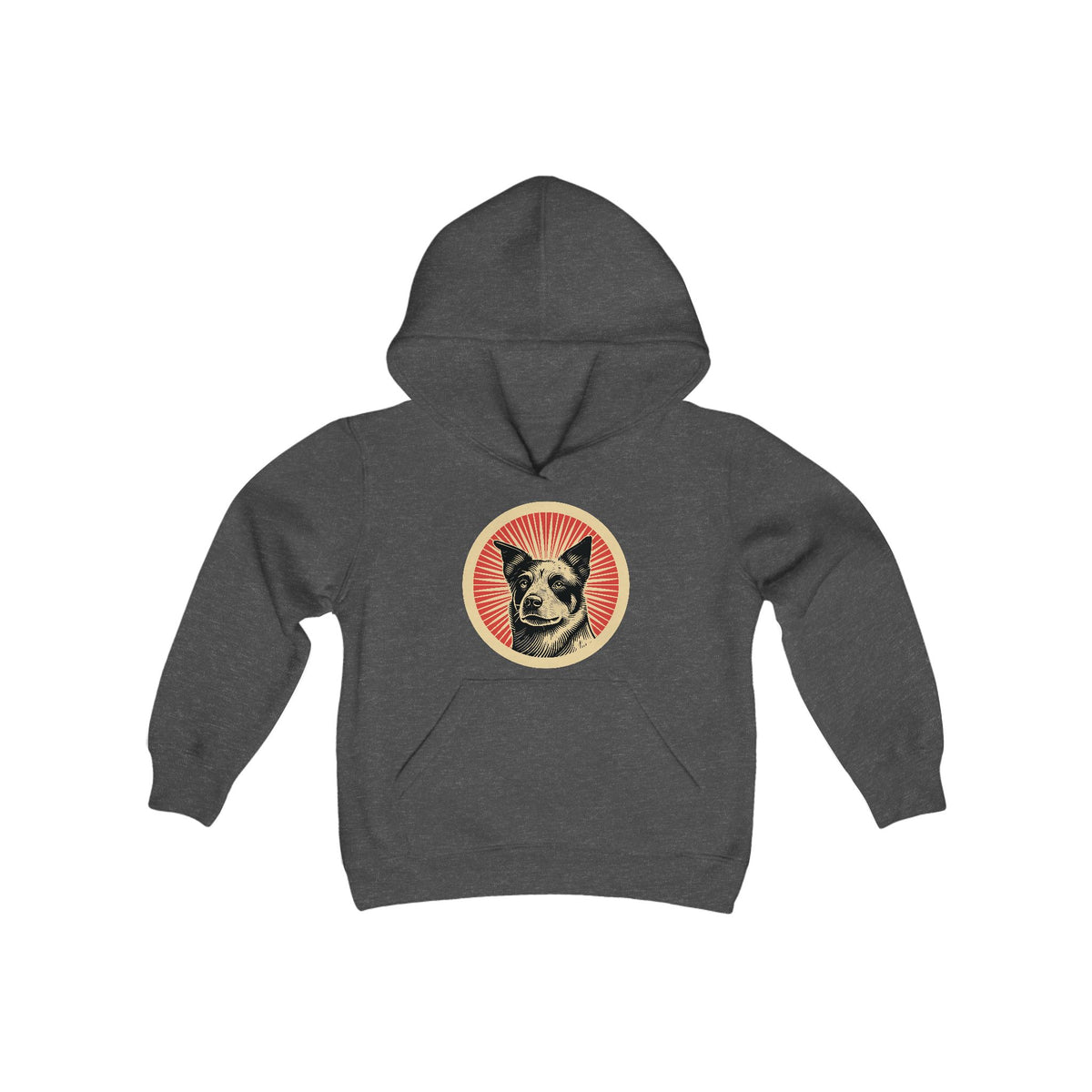 Australian Cattle Dog badge art in a ring of red rays on a kids' hoodie