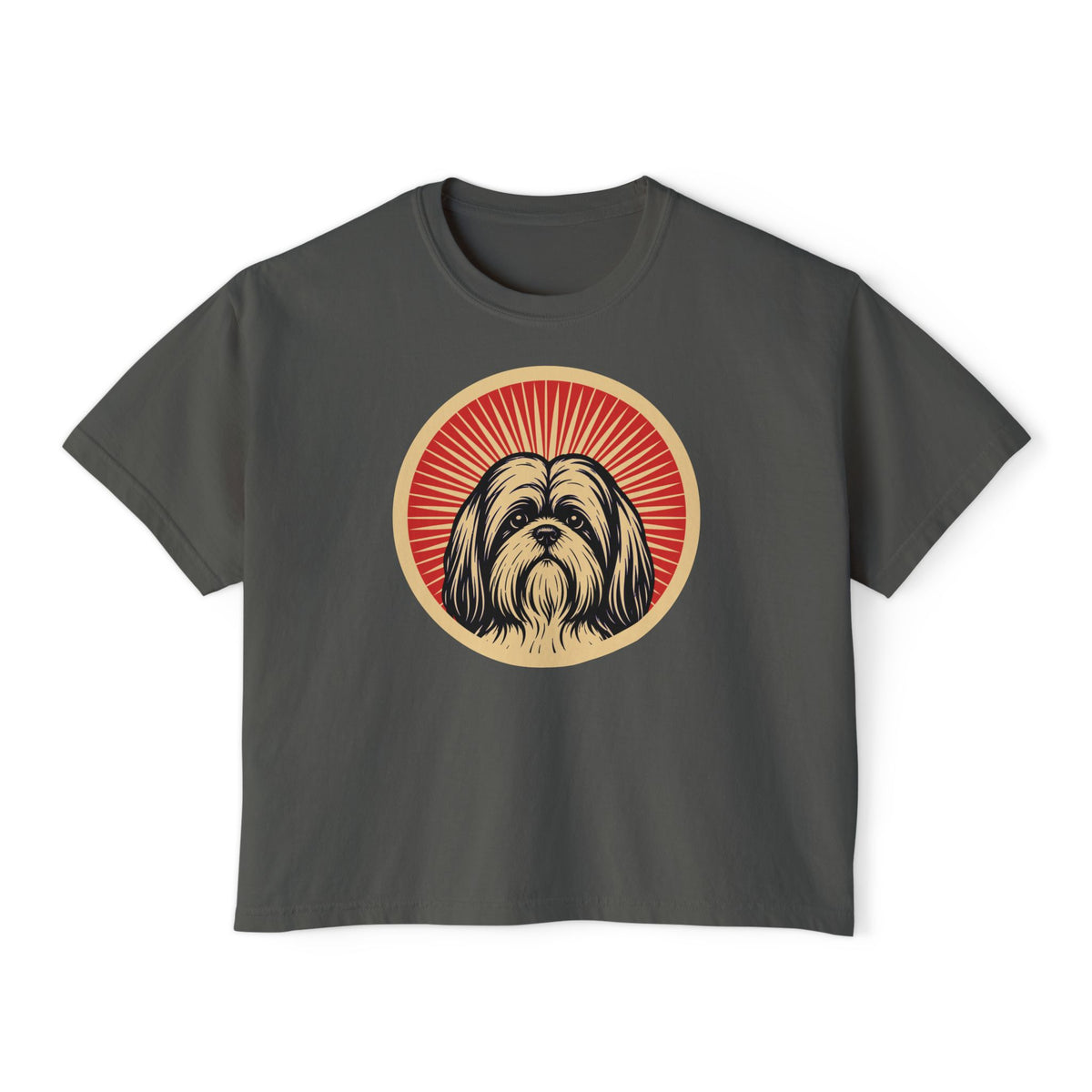 Lhasa Apso badge art in a ring of red rays on a boxy tee