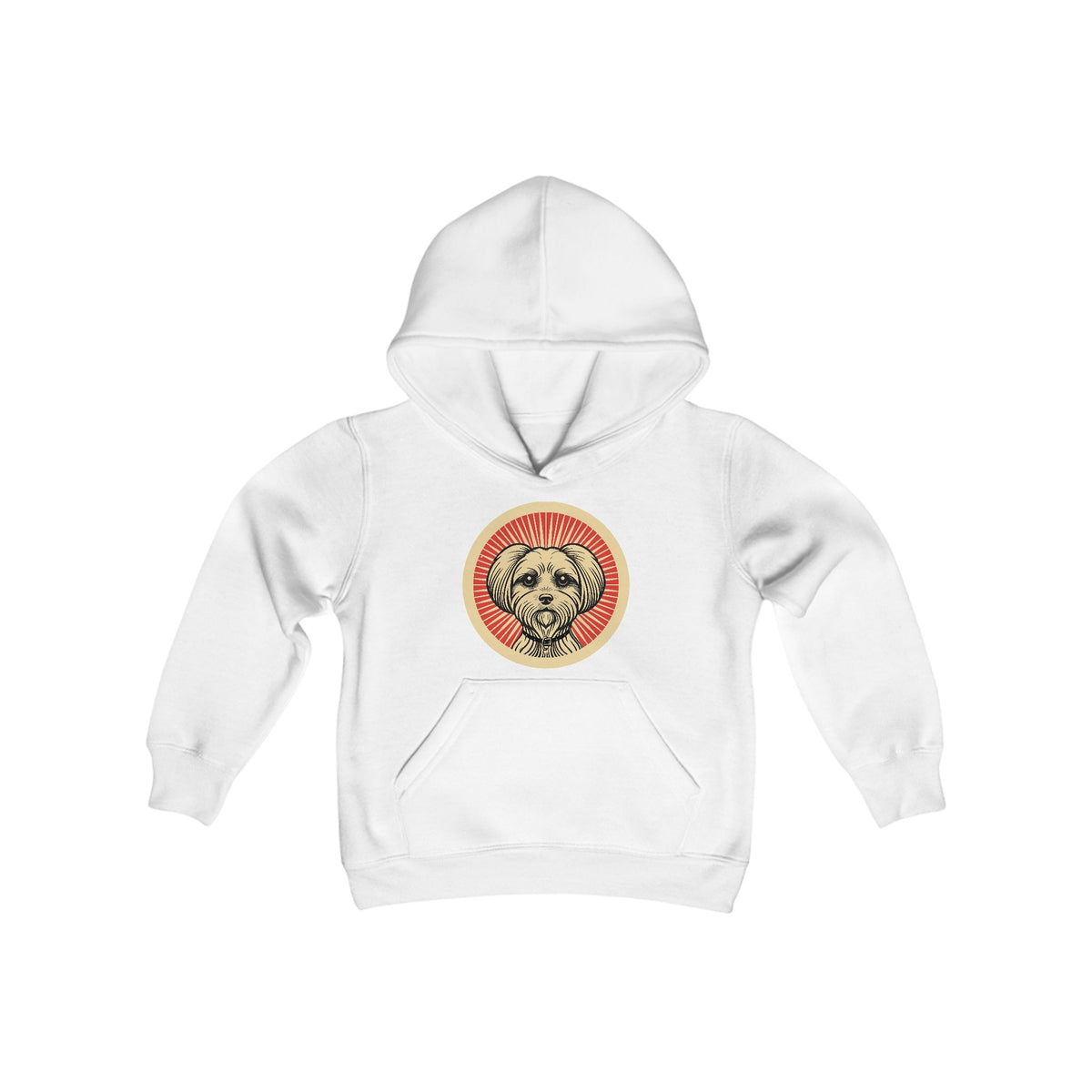 Maltese badge art in a ring of red rays on a kids' hoodie