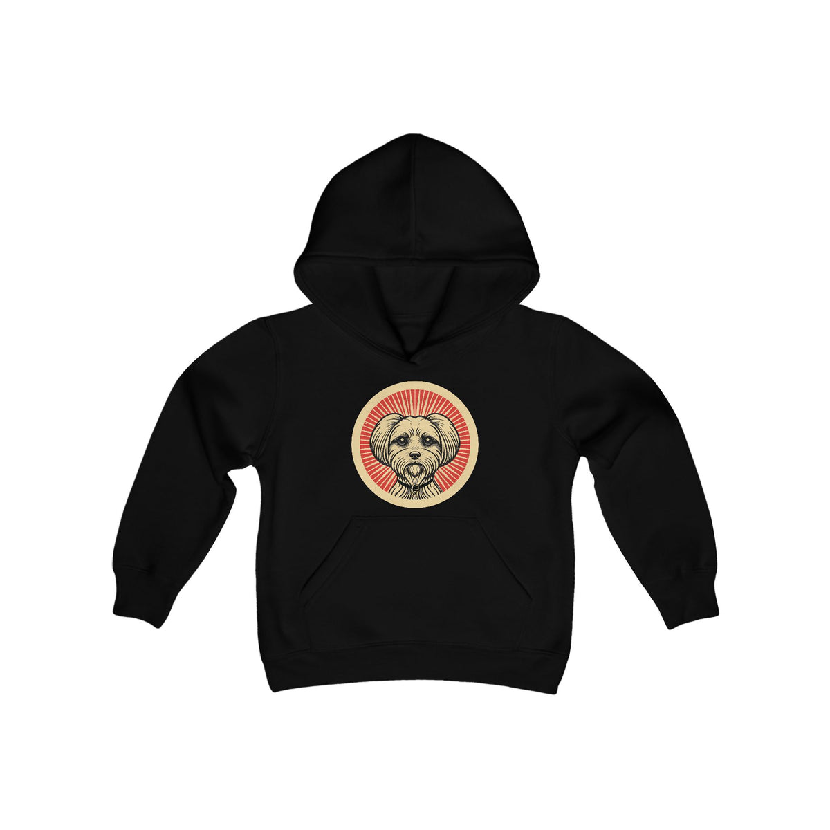Maltese badge art in a ring of red rays on a kids' hoodie