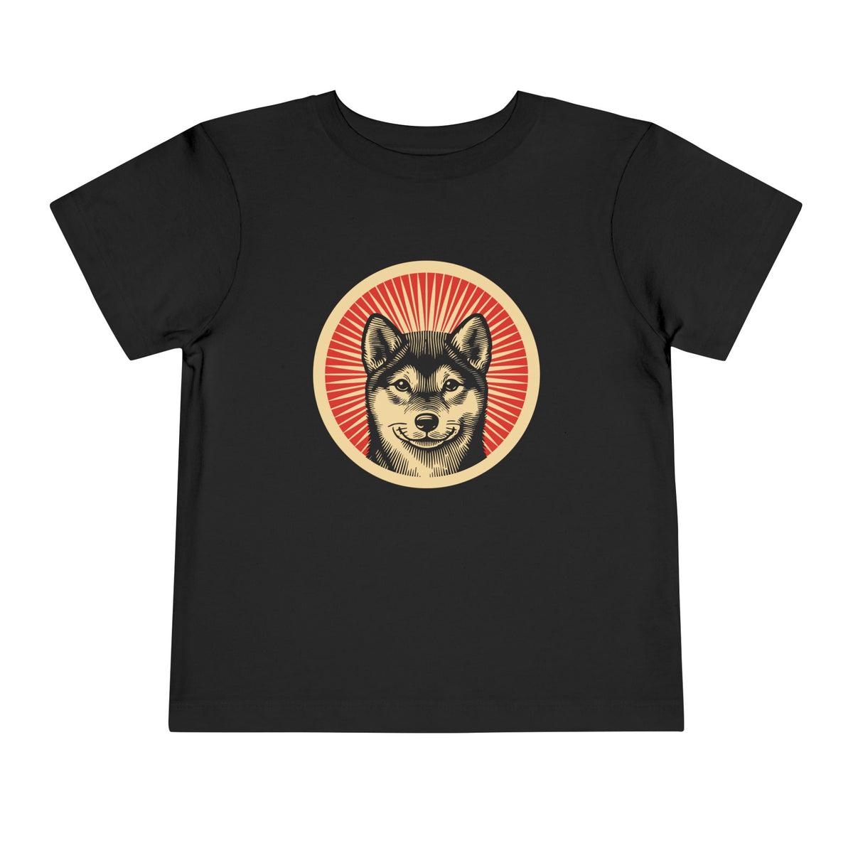 Shiba Inu badge art in a ring of red rays on a toddler tee