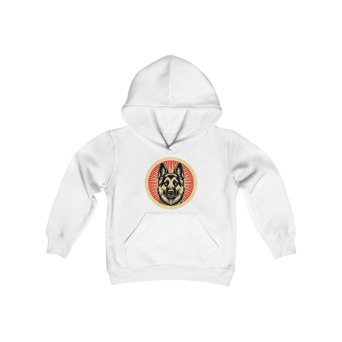 German Shepherd badge art in a ring of red rays on a kids' hoodie