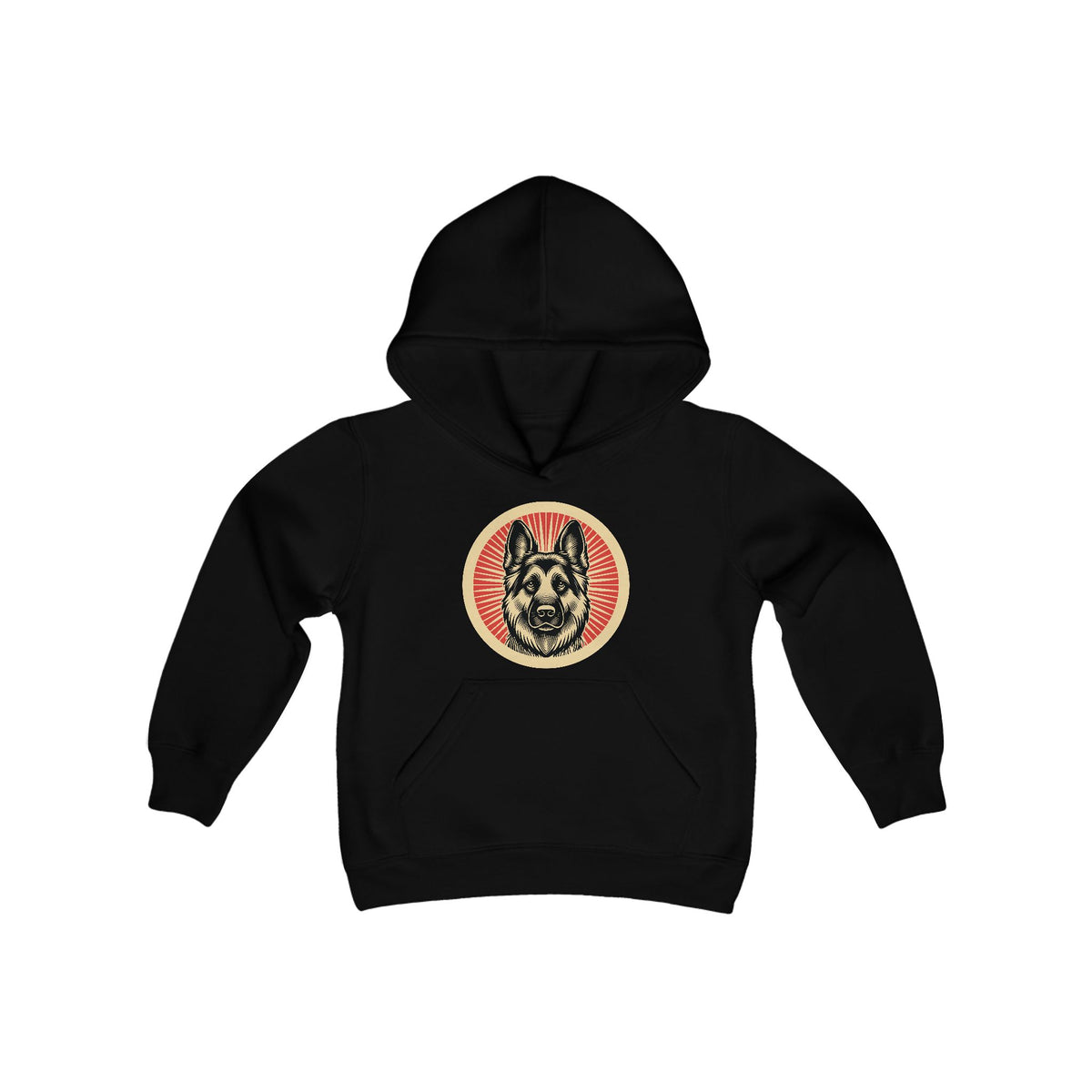German Shepherd badge art in a ring of red rays on a kids' hoodie