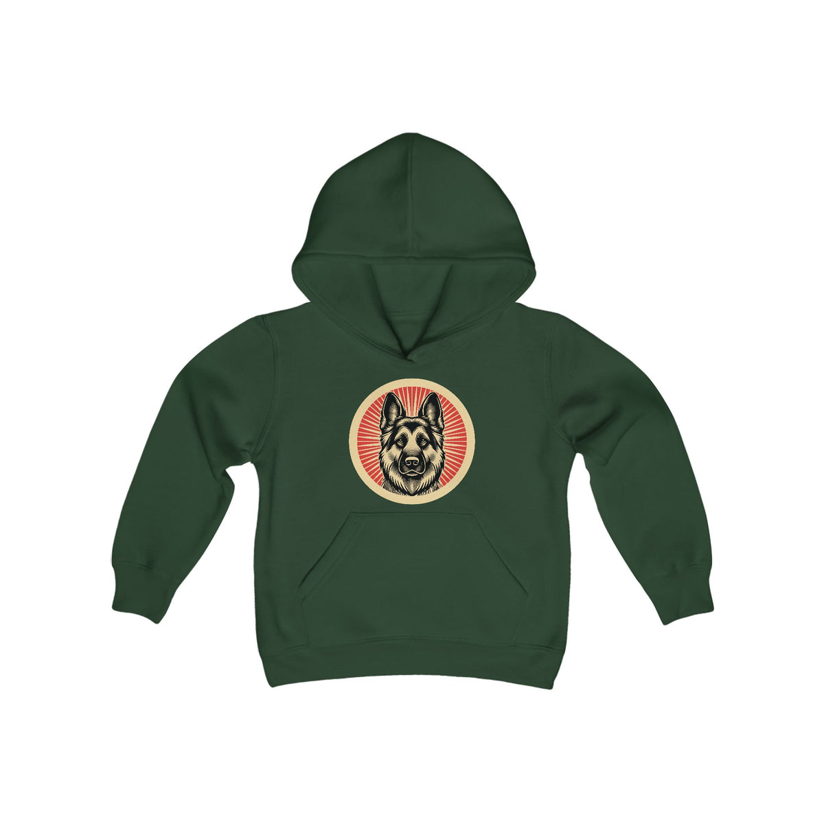 German Shepherd badge art in a ring of red rays on a kids' hoodie