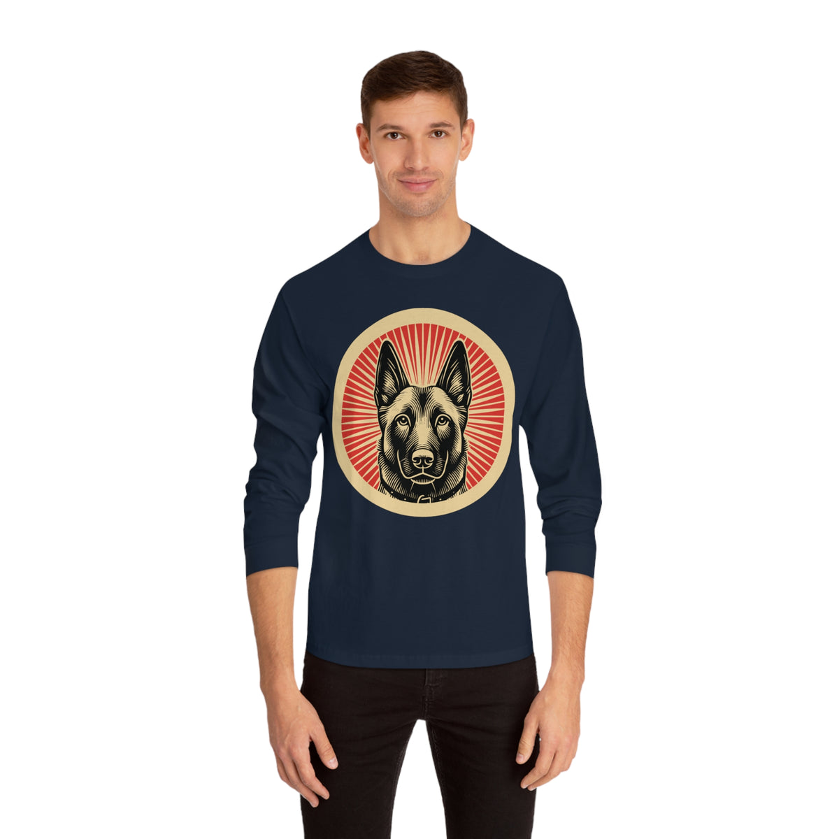 Belgian Malinois badge art in a ring of red rays on a long-sleeve tee