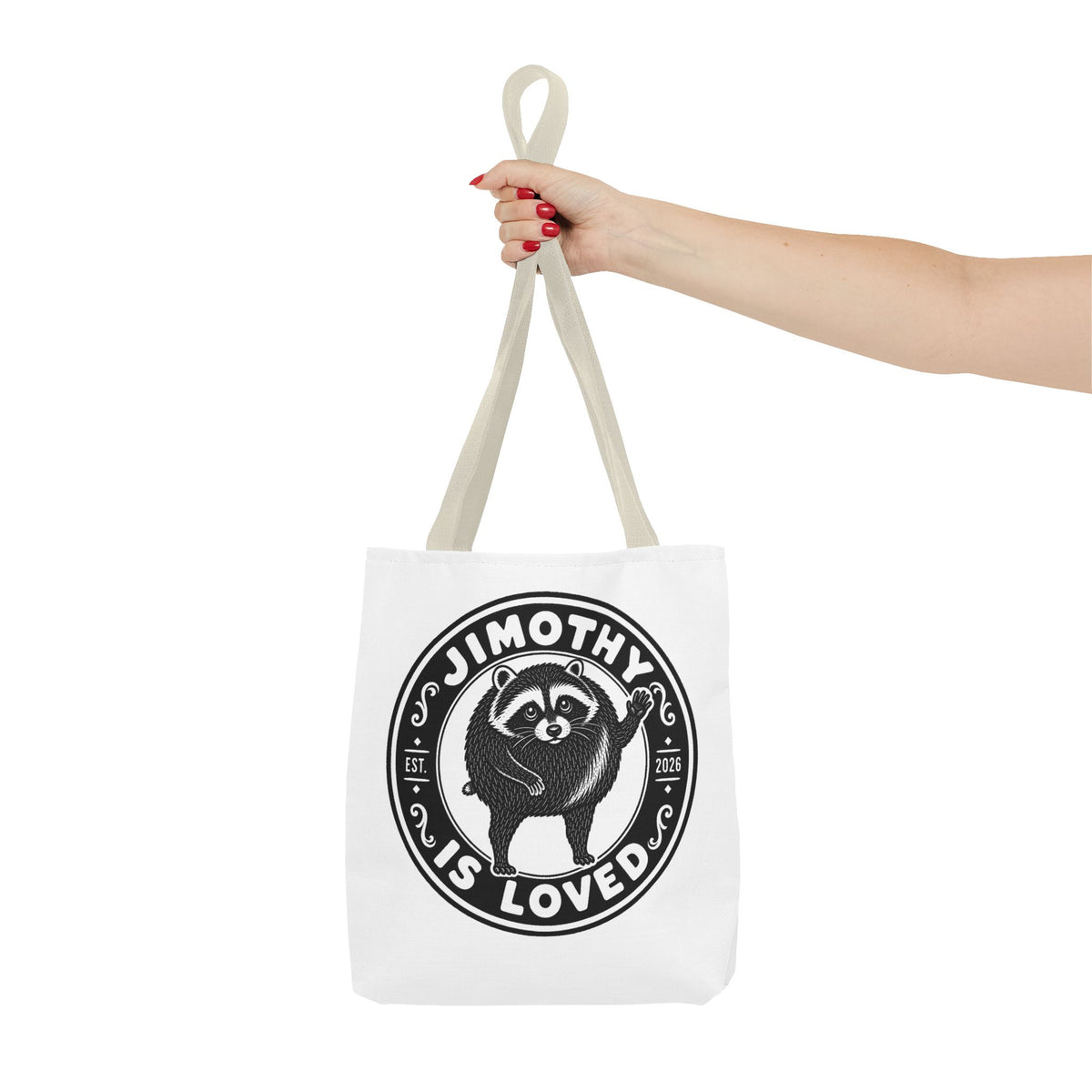 Personalized Raccoon Tote — "Jimothy Is Loved" Graphic Tote Bag