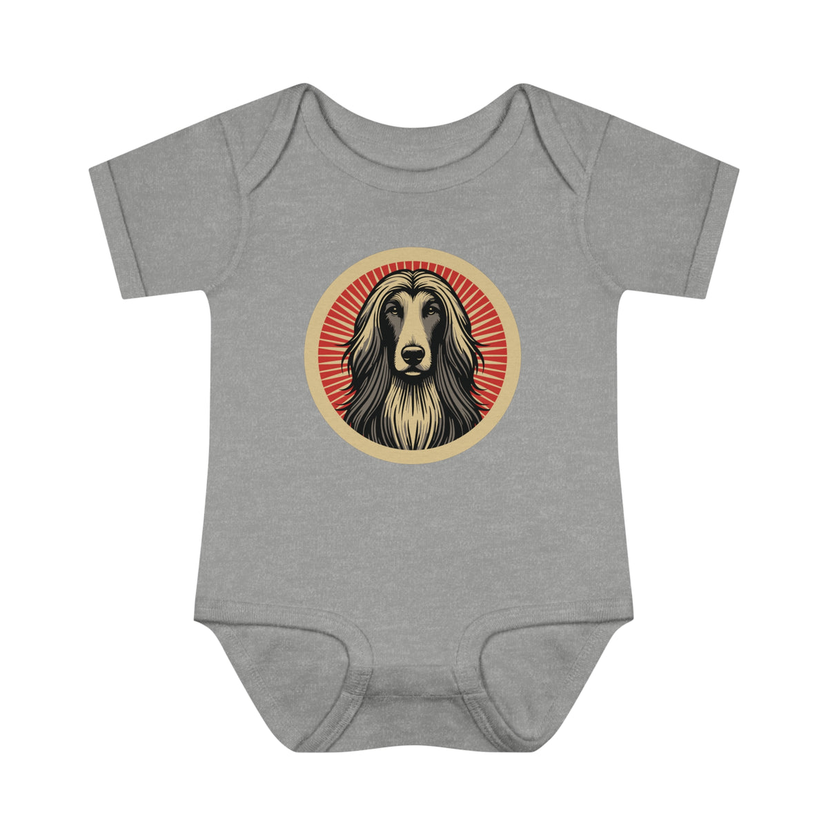 Afghan Hound badge art in a ring of red rays on a baby bodysuit